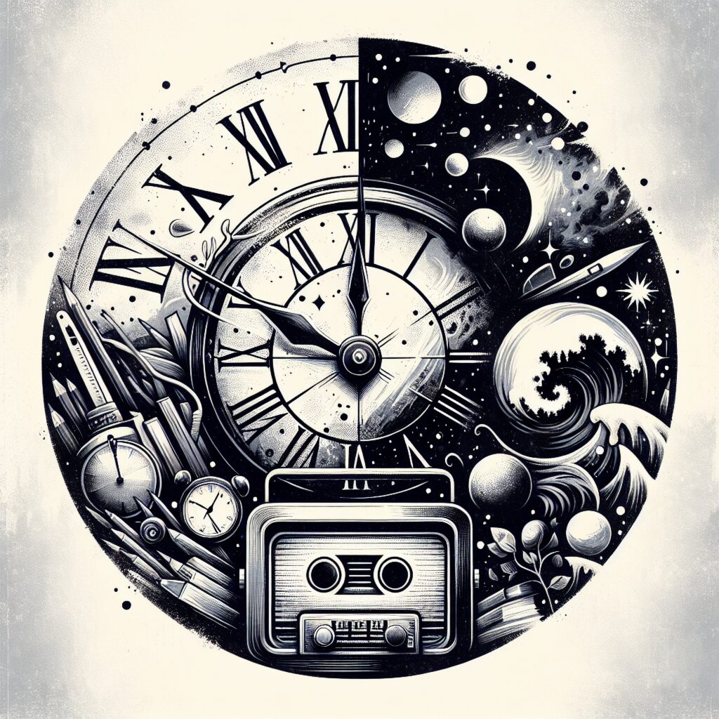 Watercolor,Artistic,Image,Of,Exlibris,,Round,,Time,Travel,,Anolog,Clock,
